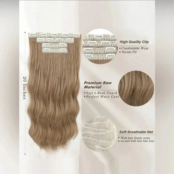 20 Inch Clip in Medium Dark Blonde Hair extensions wavy 4 thick pieces - Picture 3 of 10